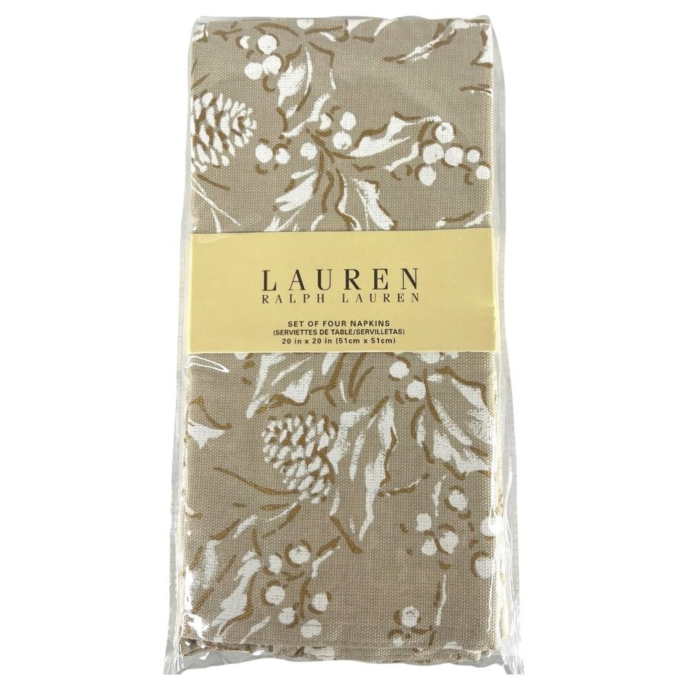 New Ralph Lauren Bowen Natural‎ Cloth Napkin Beige White Set Of 4 Holly Pinecone